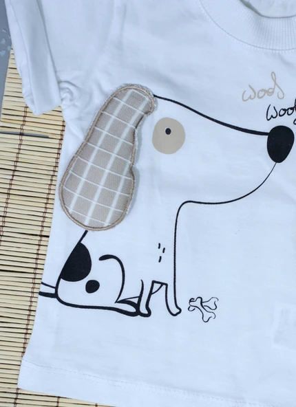 Köpek Baskılı Beyaz Tişört ve Bej Ekoseli Şort Takımı Bej - Resim 5