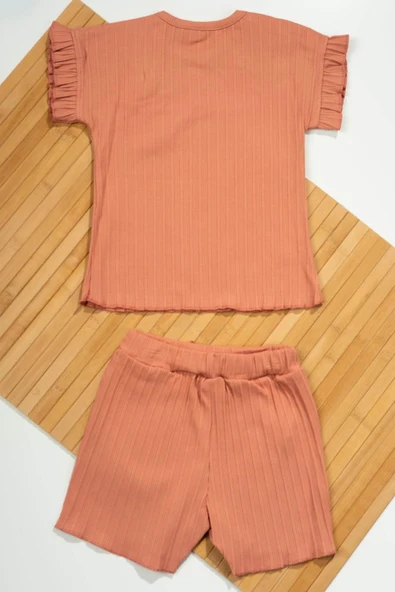 Ribana Dokulu Fırfır Kollu Şortlu Kız Takımı Gül Kurusu - Resim 2