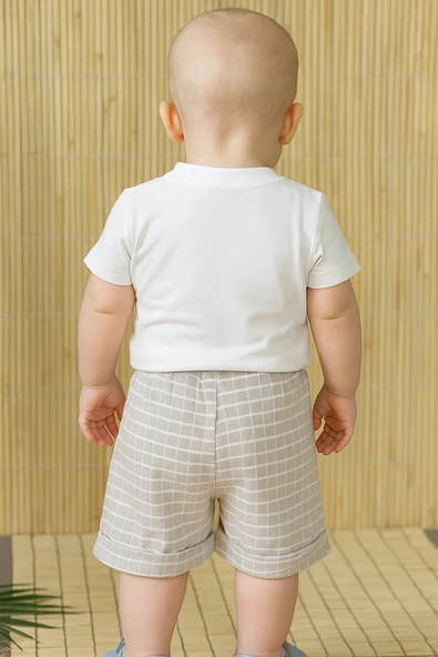 Köpek Baskılı Beyaz Tişört ve Bej Ekoseli Şort Takımı Bej - Resim 2