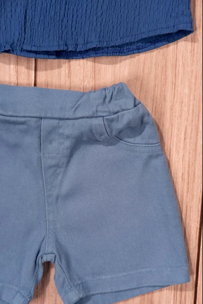 Yelkenli Nakışlı Erkek Yazlık Gömlek ve Şort Takımı Mavi - 4