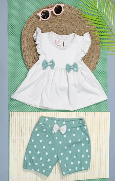 Puantiyeli Papyonlu Kısa Kollu Şortlu Takım Bej-Yeşil - Resim 2