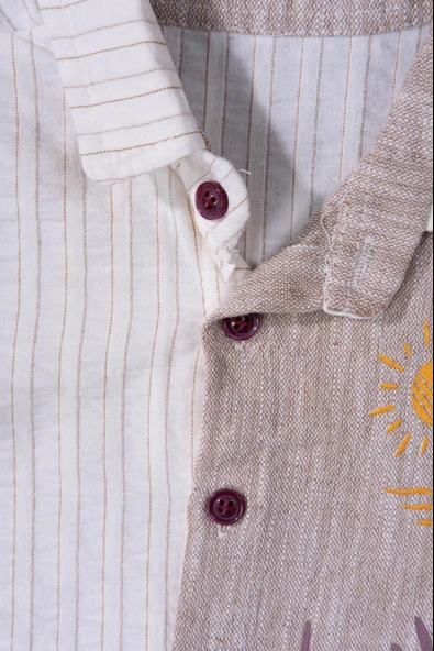 Çizgili  Müslin Palmiyeli 3'lü Erkek Bebek Yazlık Takım Kahverengi - Resim 7