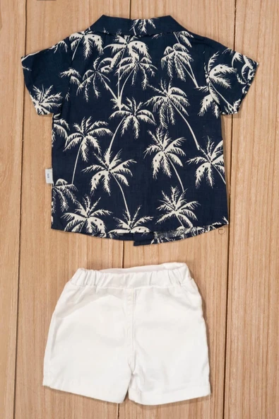 Tropik Desenli Kısa Kollu Erkek Bebek Takımı Yazlık Gömlek & Şort 2'li Takım Lacivert - 3