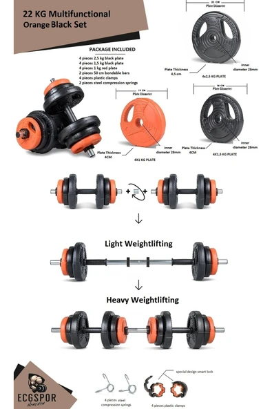 Spor Yıldız Serisi 22 Kg Multifonksiyonel Turuncu Siyah Halter Seti Ve Dambıl Seti - 3