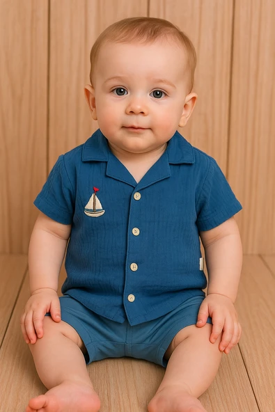 Yelkenli Nakışlı Erkek Yazlık Gömlek ve Şort Takımı Mavi