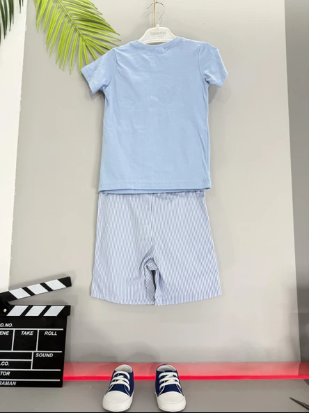 Balina Desenli Çizgili Şortlu Erkek Çocuk Takımı Mavi - Resim 2