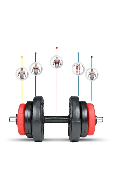 Spor Yıldız Serisi 22 Kg Multifonksiyonel Kırmızı Siyah Halter Seti Ve Dambıl Seti - 6
