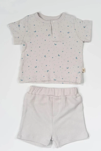 Ay Yıldız Desenli Kısa Kollu Şortlu Takım Mavi-Gri ürün görseli 1