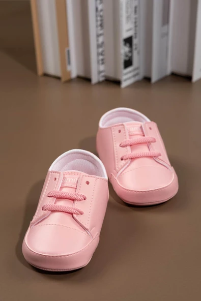 İlk Adım Ayakkabısı Yumuşak Tabanlı Bağcıklı Kız Bebek Ayakkabısı Pudra Pembe