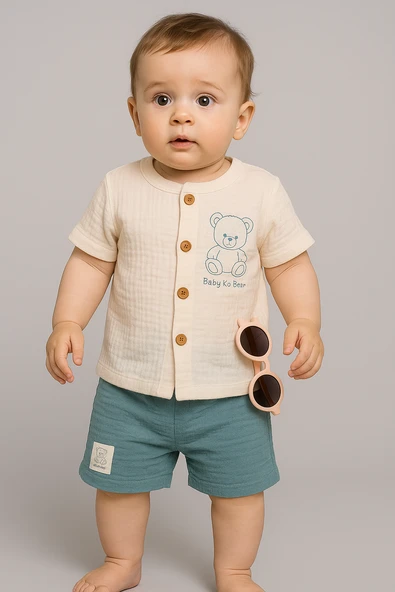 Müslin Ayıcıklı 2'li Erkek Şortlu Takım Bej Yeşil ürün görseli 1