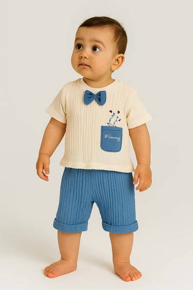 Papyonlu Nakış Detaylı 2'li Müslin Erkek Bebek Takımı Mavi ürün görseli 1