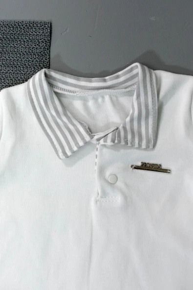 Çizgili Kısa Kollu Şortlu Takım Gri-Beyaz - Resim 4