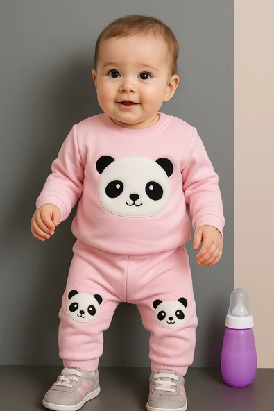 Kız Çocuk Eşofman Takımı Panda Bisiklet Yaka Ribanalı Paça Uzun Kol Pembe