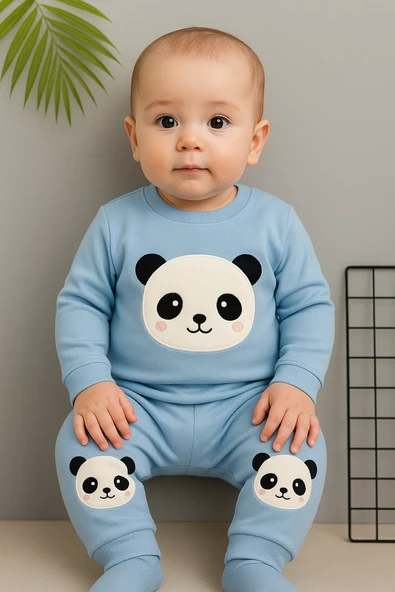 Erkek Çocuk Eşofman Takımı Panda Bisiklet Yaka Ribanalı Paça Uzun Kol Mavi