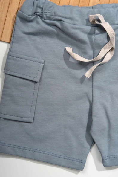 Düğme Detaylı Cepli Tişört ve Cepli Şortlu Erkek Takımı mavi - Resim 5