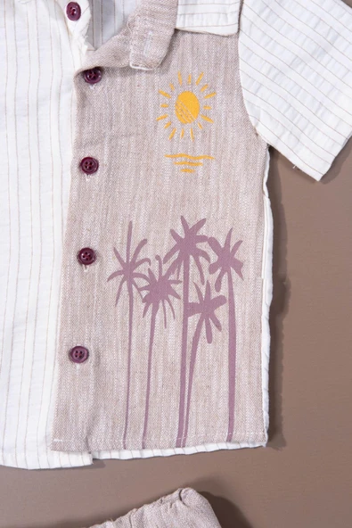 Çizgili  Müslin Palmiyeli 3'lü Erkek Bebek Yazlık Takım Kahverengi - Resim 3