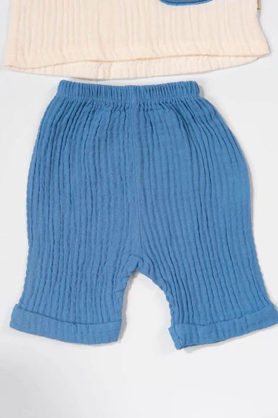 Papyonlu Nakış Detaylı 2'li Müslin Erkek Bebek Takımı Mavi - Resim 4