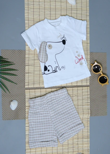 Köpek Baskılı Beyaz Tişört ve Bej Ekoseli Şort Takımı Bej - Resim 3