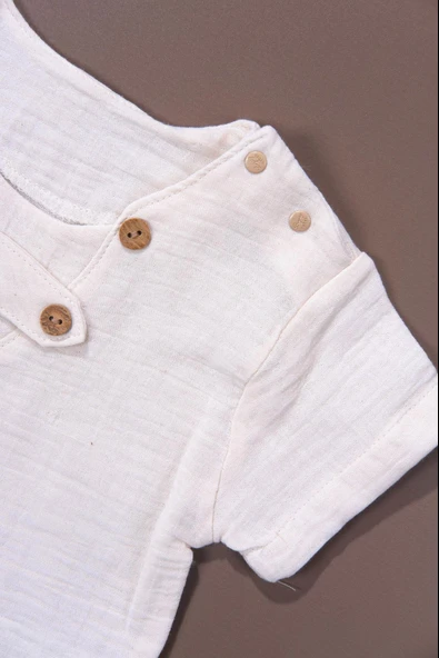 Düğme Detaylı Müslin Erkek Bebek 2'li Yazlık Takım Bej - Resim 4