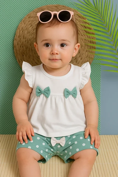 Puantiyeli Papyonlu Kısa Kollu Şortlu Takım Bej-Yeşil ürün görseli 1