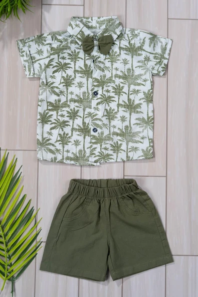 Tropikal Desenli Papyonlu Gömlek ve Şort Erkek Takımı Yazlık 2'li Kombin Yeşil - 2