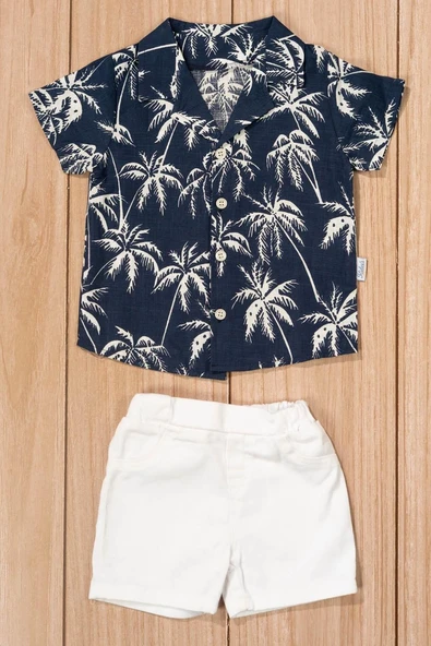 Tropik Desenli Kısa Kollu Erkek Bebek Takımı Yazlık Gömlek & Şort 2'li Takım Lacivert - 2