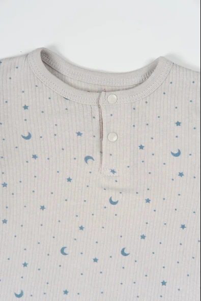 Ay Yıldız Desenli Kısa Kollu Şortlu Takım Mavi-Gri - Resim 4