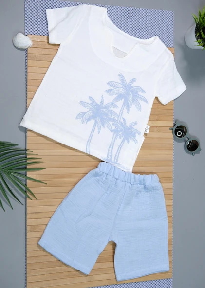 Palmiye Desenli Kısa Kollu Şortlu Takım Mavi - Resim 3