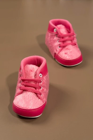 Pembe Peluş Dokulu Ayıcık Aplikeli Kız Bebek İlk Adım Ayakkabısı Koyu Pembe - 2