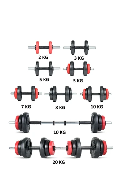 Spor Yıldız Serisi 22 Kg Multifonksiyonel Kırmızı Siyah Halter Seti Ve Dambıl Seti - 4