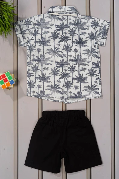 Tropikal Desenli Papyonlu Gömlek ve Şort Erkek Takımı Yazlık 2'li Kombin Lacivert - Resim 4