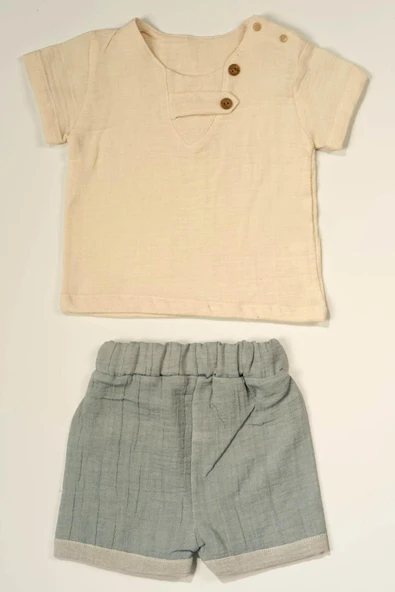 Düğme Detaylı Müslin Erkek Bebek 2'li Yazlık Takım Bej & Turkuaz ürün görseli 1