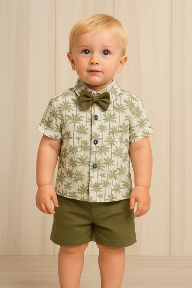 Tropikal Desenli Papyonlu Gömlek ve Şort Erkek Takımı Yazlık 2'li Kombin Yeşil