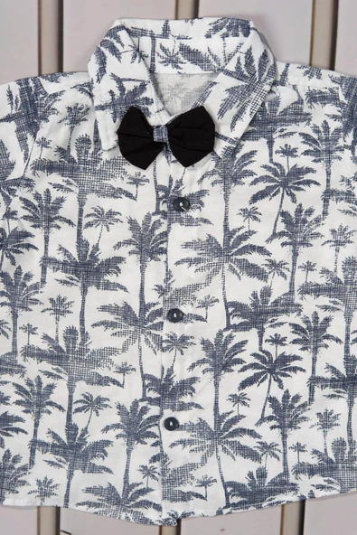 Tropikal Desenli Papyonlu Gömlek ve Şort Erkek Takımı Yazlık 2'li Kombin Lacivert - Resim 2