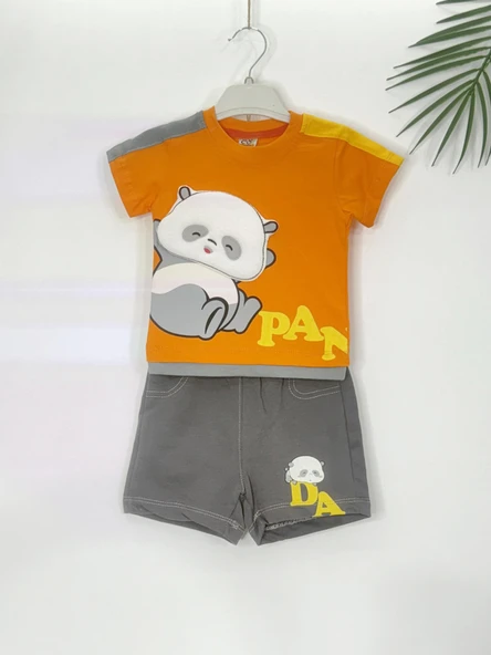 Pandalı Yazlık Erkek Bebek Şortlu Takımı Turuncu