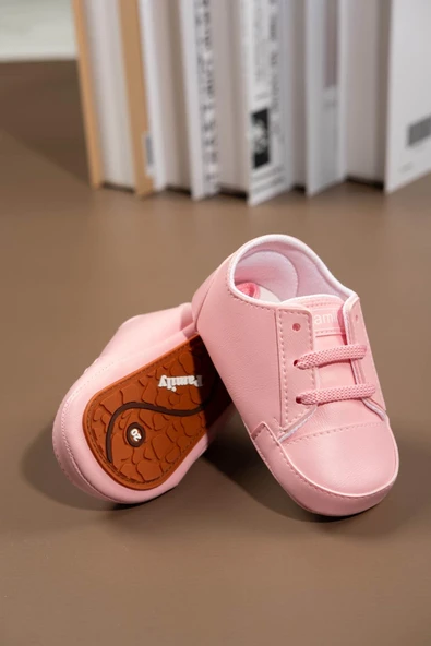 İlk Adım Ayakkabısı Yumuşak Tabanlı Bağcıklı Kız Bebek Ayakkabısı Pudra Pembe - 3