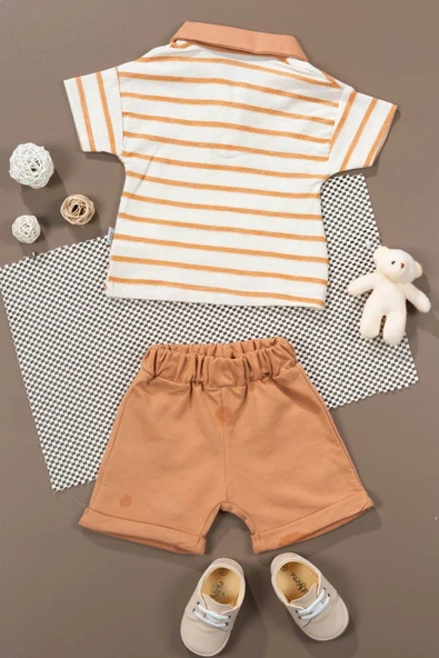 Çizgili Polo Yaka Şortlu Yazlık Erkek Takım Tarçın - Resim 3