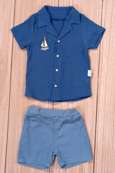 Yelkenli Nakışlı Erkek Yazlık Gömlek ve Şort Takımı Mavi - 2