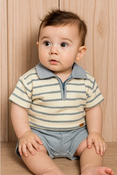 Çizgili Polo Yaka Şortlu Yazlık Erkek Takım Mavi ürün görseli 1