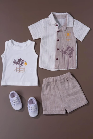Çizgili  Müslin Palmiyeli 3'lü Erkek Bebek Yazlık Takım Kahverengi ürün görseli 1