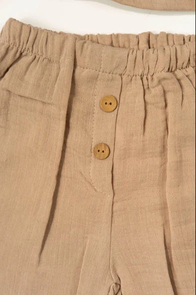 Düğme Detaylı 2'li Erkek Bebek Yazlık Takım Müslin Kahverengi - Resim 6