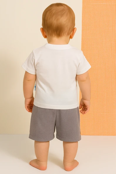 Zigzag Desenli Papyonlu Şık Yelek Detaylı 2'li Bebek Takımı Gri - Resim 3