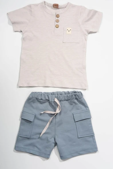 Düğme Detaylı Cepli Tişört ve Cepli Şortlu Erkek Takımı Gri & Mavi ürün görseli 1