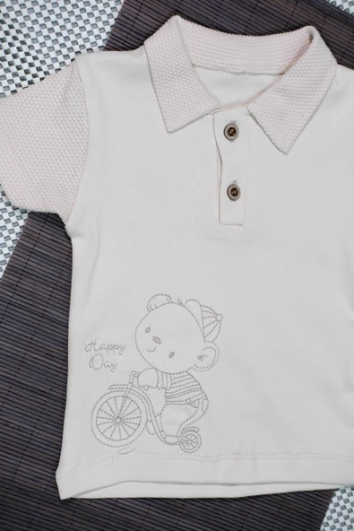 Bisikletli Ayıcık Desenli Polo Yaka Tişört ve Şort Takımı Bej - Resim 3