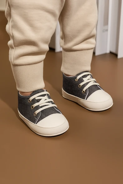 Lacivert Kot Görünümlü Bağcıklı Bebek İlk Adım Ayakkabısı  Lacivert ürün görseli 1