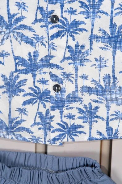 Tropikal Desenli Papyonlu Gömlek ve Şort Erkek Takımı Yazlık 2'li Kombin Mavi - 4