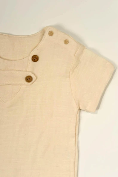 Düğme Detaylı Müslin Erkek Bebek 2'li Yazlık Takım Bej & Turkuaz - Resim 3