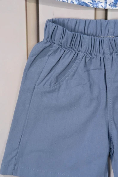 Tropikal Desenli Papyonlu Gömlek ve Şort Erkek Takımı Yazlık 2'li Kombin Mavi - 2