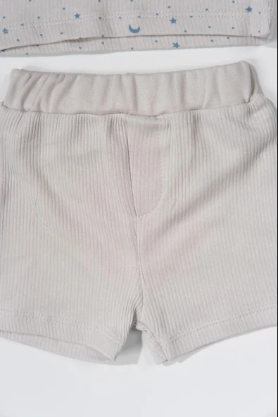 Ay Yıldız Desenli Kısa Kollu Şortlu Takım Mavi-Gri - Resim 3