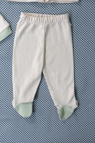 Unisex Papyon Detaylı Şapkalı Bebek Tulum Zıbın Krem Üzerine Parçalı Yeşil - 3